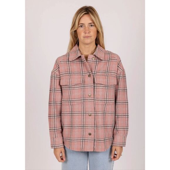 Rusty Dana Plaid Pink and Gray Shacket Overshirt Size Large New - Picture 2 of 6